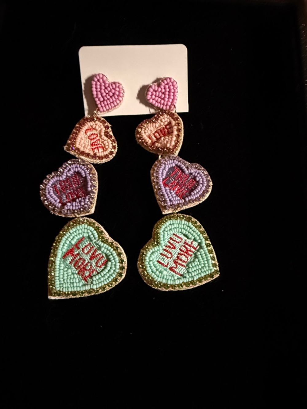 Beaded Multicolor Heart Drop Earrings - Mint, Lavender, Pink (never worn)